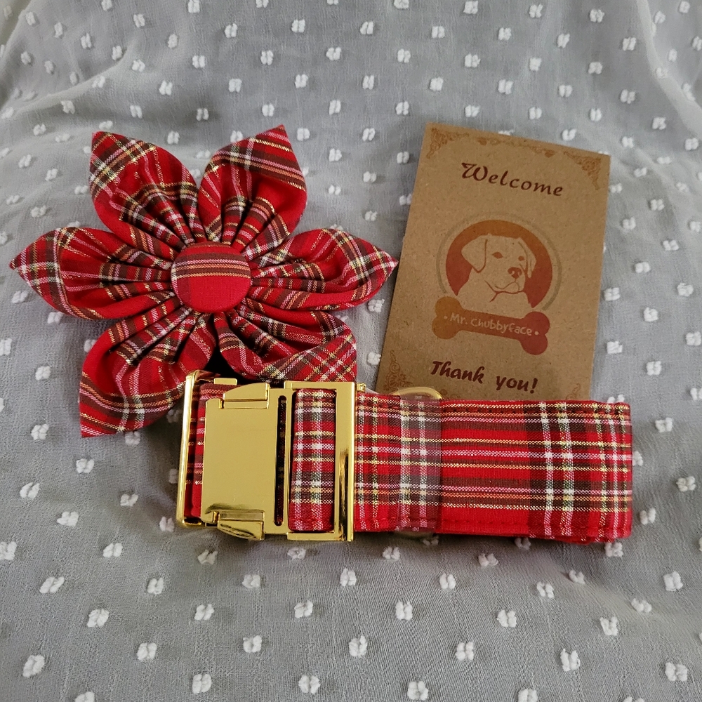 Mr. Chubbyface dog collar with Flower Christmas Plaid sz XL New